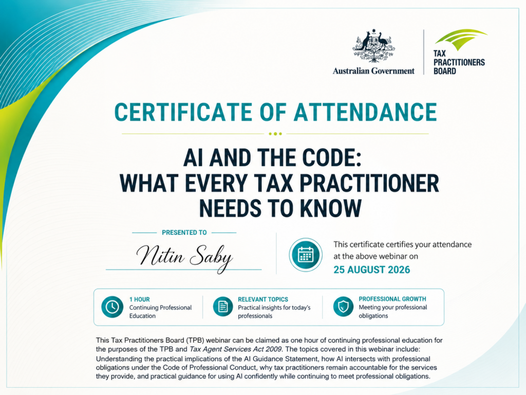 Nitin Saby Receives TPB Certificate of Attendance for Webinar on AI & Professional Standards